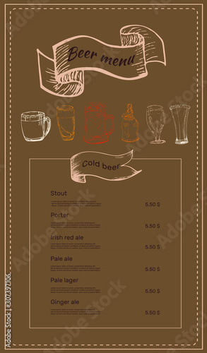 Template design for beer  restaurant, bar or pub  menu. Hand drawn vintage style, on brown background. Price list for different types of beer