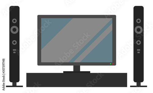 Tv set with sound system, isolated electronic equipment. Modern gadget for watching films at home. Realistic screen and loudspeakers. House furniture, plasma on pedestal vector in flat style