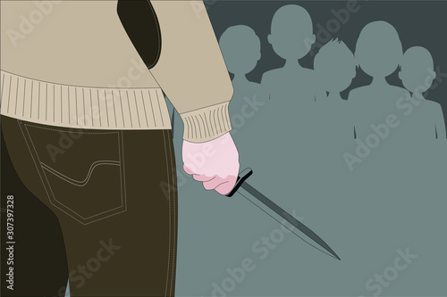 killer man is attacking with knife on public place