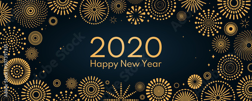 Vector illustration with bright golden fireworks on a dark blue background, text 2020 Happy New Year. Flat style design. Concept for holiday celebration, greeting card, poster, banner, flyer.