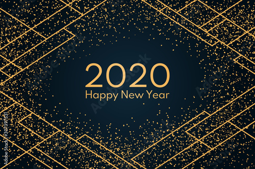 Vector illustration with golden glitter, geometric elements on a dark blue background, text 2020 Happy New Year. Flat style design. Concept for holiday celebration, greeting card, poster, banner.
