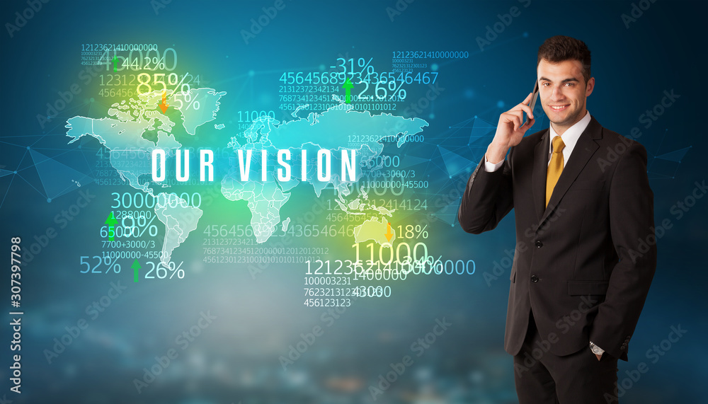 Businessman in front of a decision with OUR VISION inscription, business concept Businessman in front of a decision with OUR VISION inscription, business concept