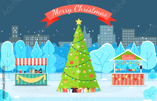 Merry Christmas greeting card with fir-tree decorated by garland in winter park. Dark view of city with traditional Xmas wood and fair tent with gift bow on snowy land near trees and buildings vector