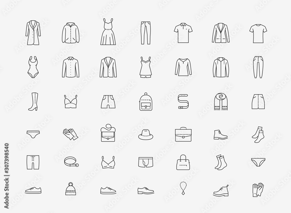 Fototapeta premium Clothing icon set in linear style. Fashion vector illustration