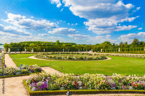 Nice view of the Gardens of Versailles at Latona’s Parterre designed by André Le Nôtre. Throughout the classic French formal garden,  manicured lawns, sculptures and fountains can be admired.  © H-AB Photography