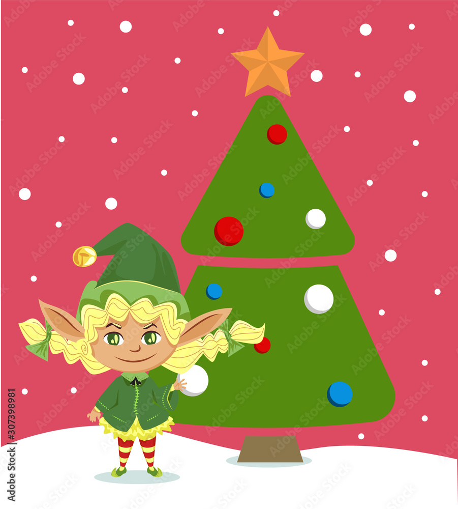 Elf girl decorating Christmas tree for celebration. Happy dwarf and New Year, fairy tale character in green costume. Santa helper with toy ball, fairy tale character decorating fir vector illustration