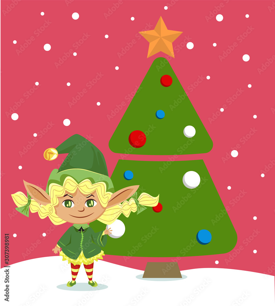 Elf girl decorating Christmas tree for celebration. Happy dwarf and New Year, fairy tale character in green costume. Santa helper with toy ball, fairy tale character decorating fir vector illustration Elf girl decorating Christmas tree for celebration. Happy dwarf and New Year, fairy tale character in green costume. Santa helper with toy ball, fairy tale character decorating fir vector illustration