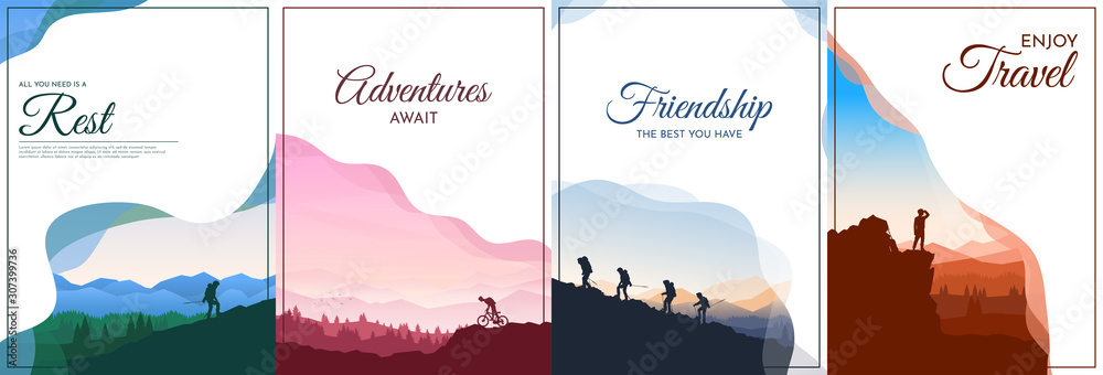 Vector backgrounds set. Travel concept of discovering, exploring and observing nature. Flat design. Template of gift cards, book cover, banner, invitation, poster, brochure, flyer. Sheet model set - obrazy, fototapety, plakaty 