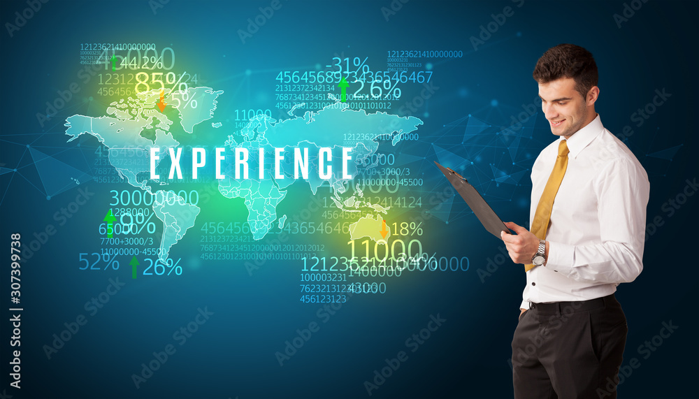 Businessman in front of a decision with EXPERIENCE inscription, business concept Businessman in front of a decision with EXPERIENCE inscription, business concept