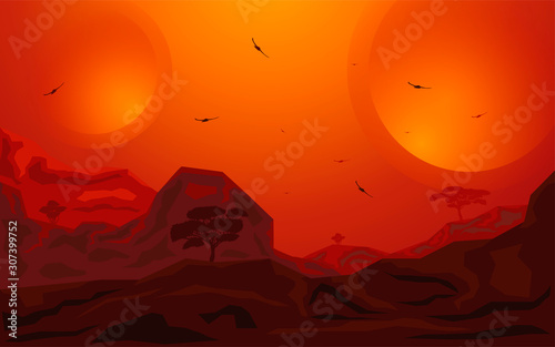 GameIllustration of a cartoon sci-fi alien planet landscape background  with layers for parallax including weird mountains range. Fantasy Wide Sci-fi Martian Background For Ui.