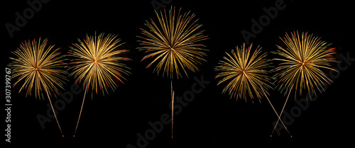 Set of Isolate yellow green and red colored fireworks on black background