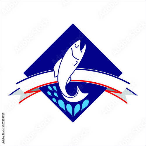 Logo pour un poissonnier ou un pêcheur, d’un poisson couleur bleu clair sautant hors de l’eau sur un fond en forme de losange bleu et un ruban bleu, blanc, rouge.