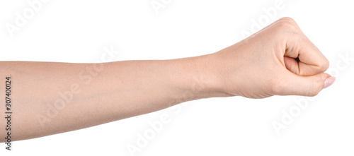 Female caucasian hands isolated white background showing gesture clenched fist. woman hands showing different gestures
