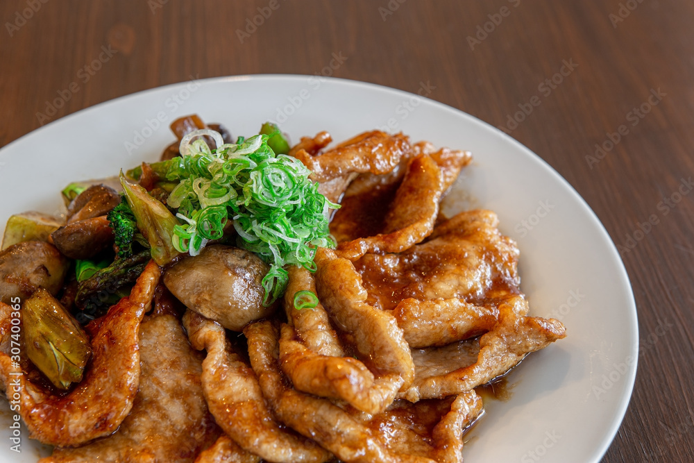 Chicken meat or pork in sauce bittersweet and greens Chicken meat or pork in sauce bittersweet and greens