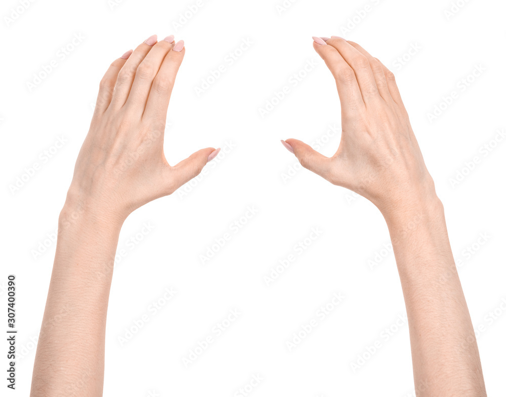 Female caucasian hands isolated white background showing gesture holds something or takes, gives. woman hands showing different gestures Female caucasian hands isolated white background showing gesture holds something or takes, gives. woman hands showing different gestures
