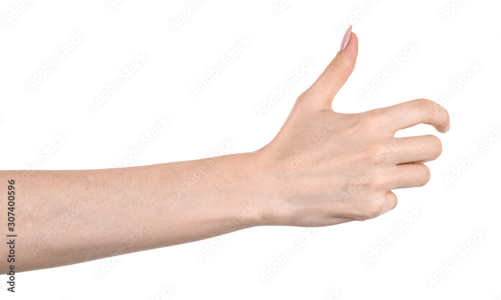 Female caucasian hands isolated white background showing gesture holds something or takes, gives. woman hands showing different gestures Female caucasian hands isolated white background showing gesture holds something or takes, gives. woman hands showing different gestures