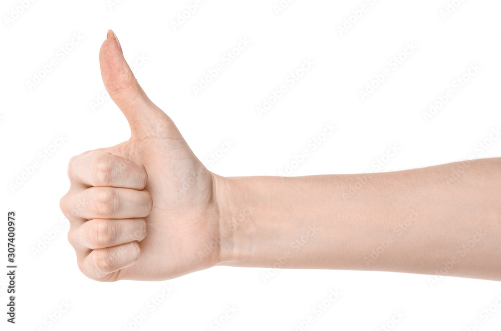 Female caucasian hands isolated white background showing gesture thumb up, approval. woman hands showing different gestures Female caucasian hands isolated white background showing gesture thumb up, approval. woman hands showing different gestures