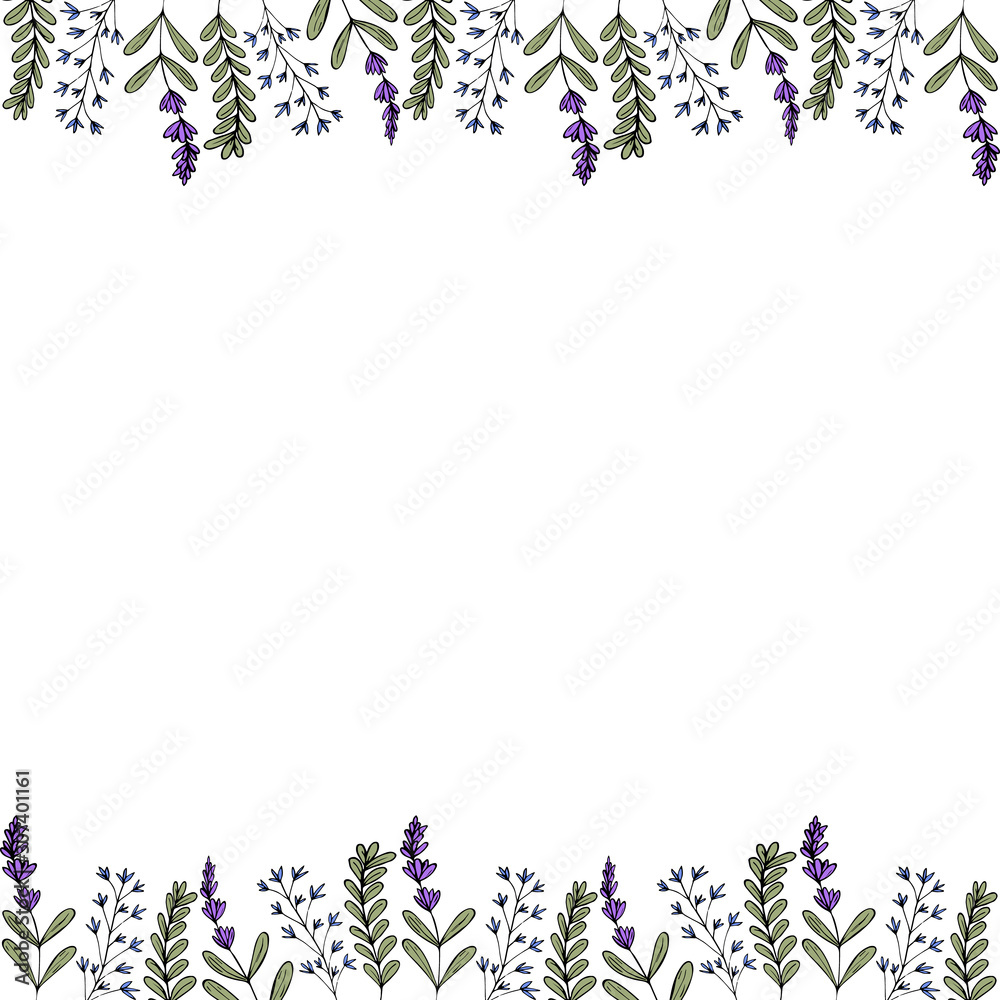Cute frame of flowers in doodle style on a white background. Simple lavender and blue flowers. Vector stock illustration. Cute frame of flowers in doodle style on a white background. Simple lavender and blue flowers. Vector stock illustration.