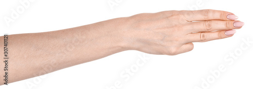 Female caucasian hands isolated white background showing various finger gestures. woman hands showing different gestures
