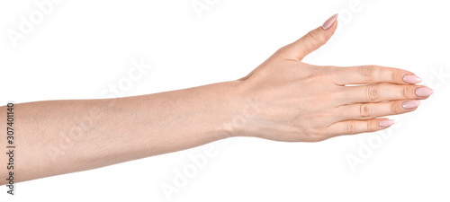 Female caucasian hands isolated white background showing various finger gestures. woman hands showing different gestures