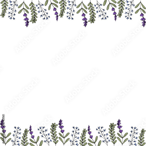 Cute frame of flowers in doodle style on a white background. Simple lavender and blue flowers. Vector stock illustration.