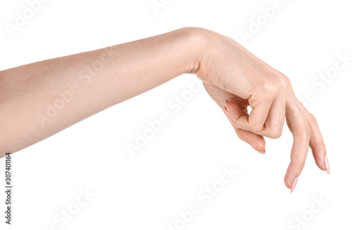 Female caucasian hands isolated white background showing various finger gestures. woman hands showing different gestures