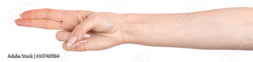 Female caucasian hands  isolated white background showing  various finger gestures. woman hands showing different gestures