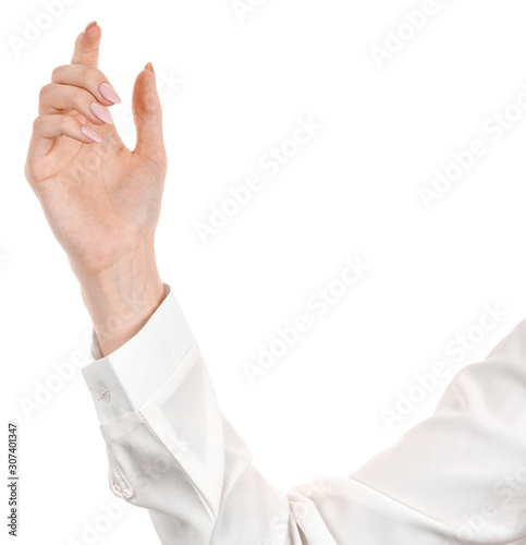 Female caucasian hands in a white office blouse, shirt isolated white background gesture holding something, giving item. woman hands in business office style showing different gestures
