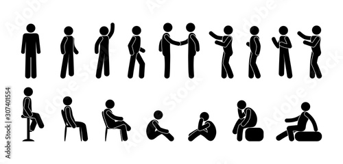 stick figure people icon, pictogram man, isolated human silhouette, people stand, sit, go