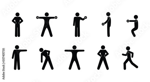 sport stick figure, people icon do gymnastics, man pictogram, isolated human silhouette, gym hall illustration