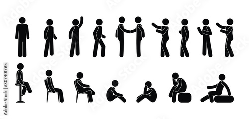 stick figure people icon, pictogram man, isolated human silhouette, people stand, sit, go