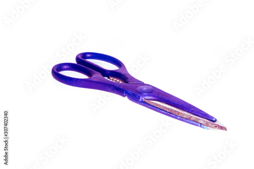 Magenta Blue scissors. Object is isolated on white background without shadows.
