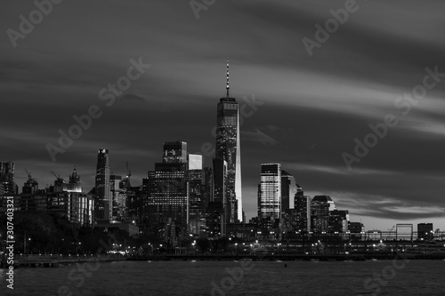 Black and White Nighttime Skyline of the New York City Financial District along the Hudson River