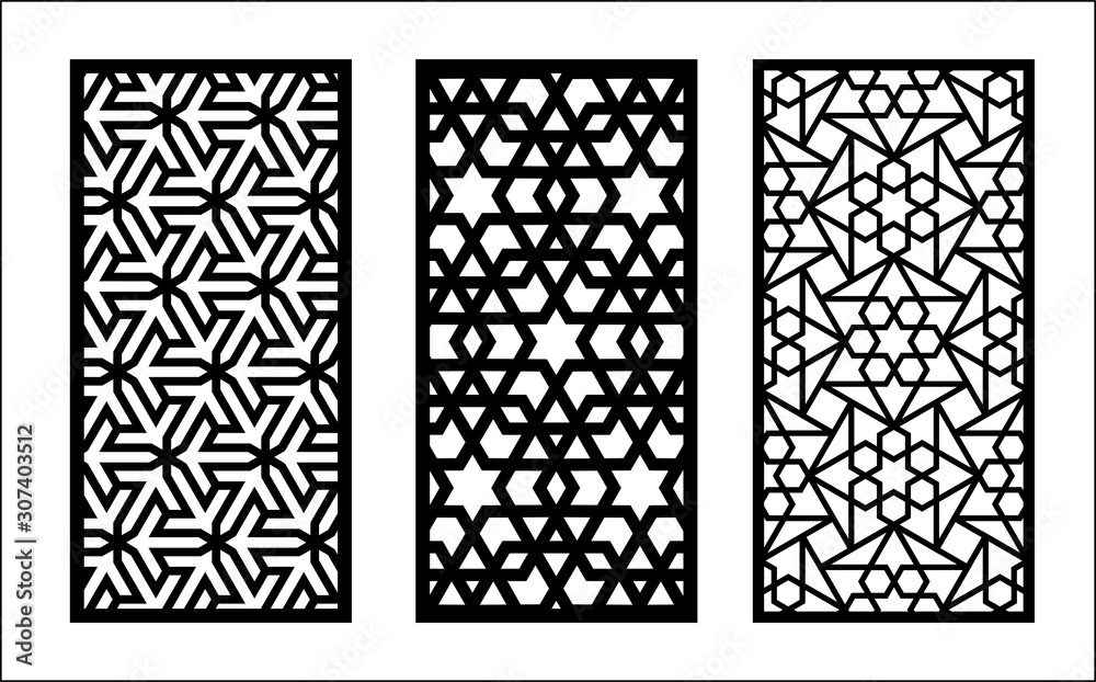 Lazer islamic pattern. Set of decorative vector panels for lazer cutting. Template for interior partition in islamic style. Ratio 1:2