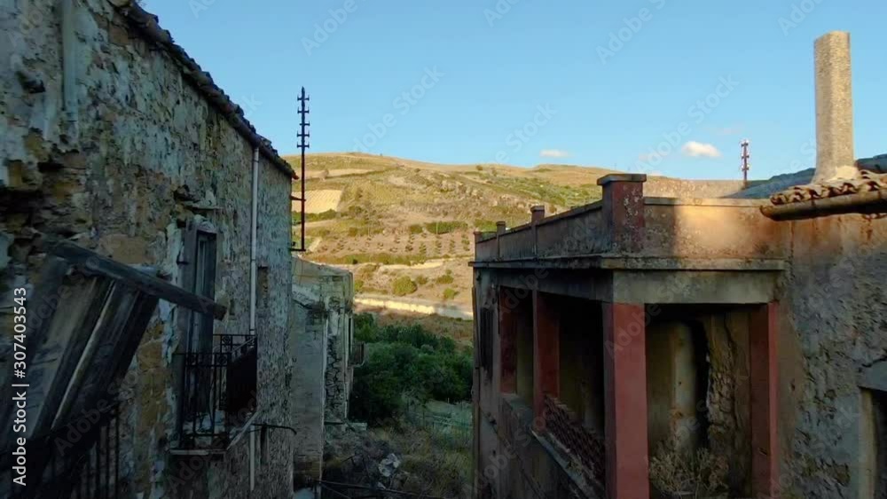 Devastated house in village Poggioreale, Sicily, Italy, Europe, aerial shot