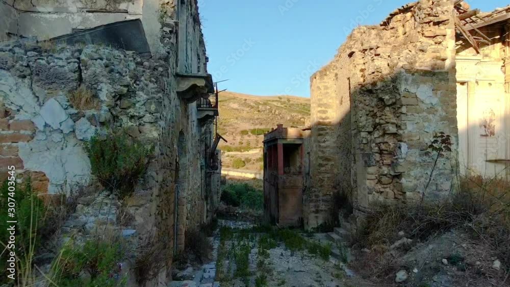 Haunted street and ruined houses, Ruins of Poggioreale, Sicily, Italy, aerial Haunted street and ruined houses, Ruins of Poggioreale, Sicily, Italy, aerial