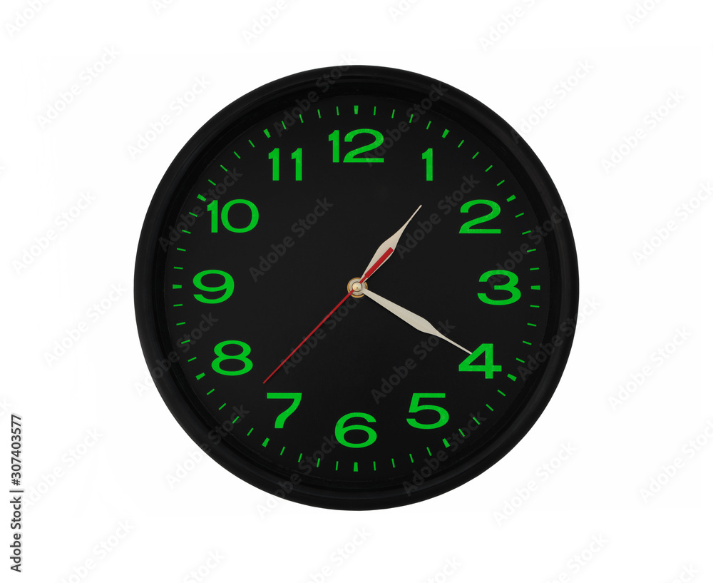Black wall clock with green numbers isolated Black wall clock with green numbers isolated
