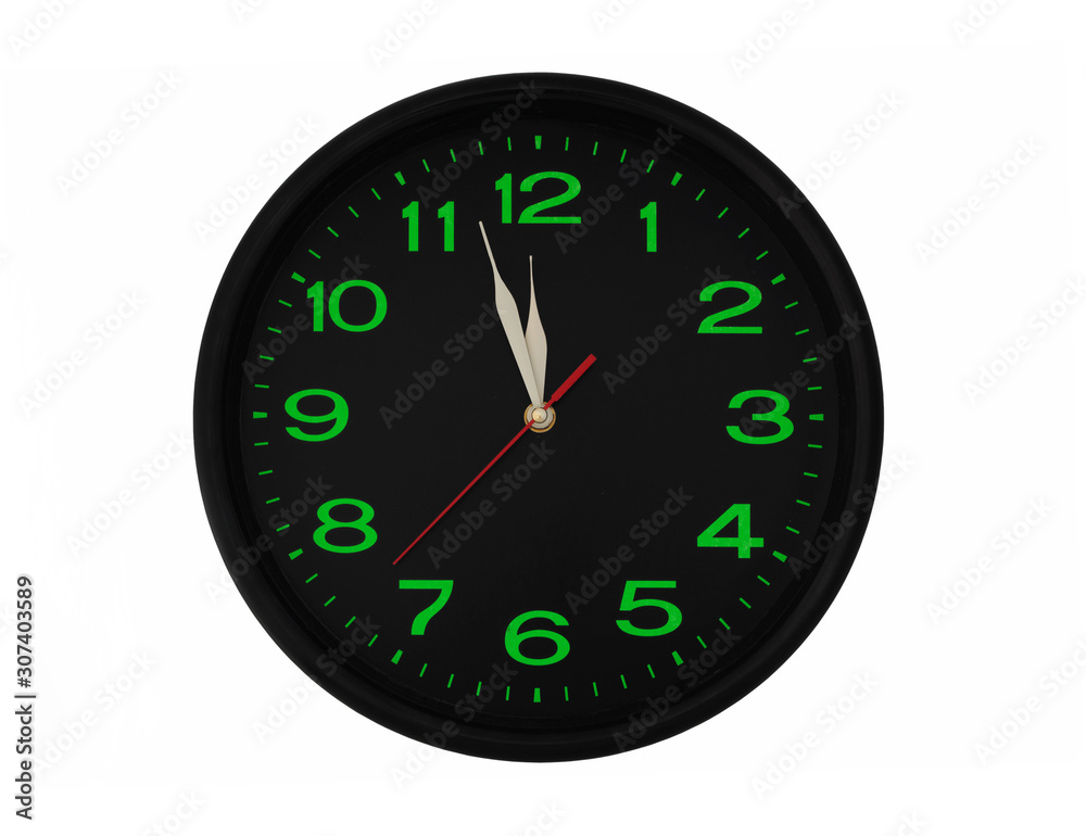 Round clock with green numbers isolated on white background Round clock with green numbers isolated on white background