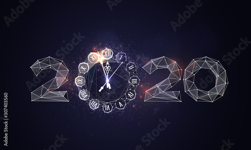 2020 low poly illustration. Wireframe triangular glowing numbers and watch dial, golden shining date polygonal art. New year congratulating poster, greeting card, postcard design layout