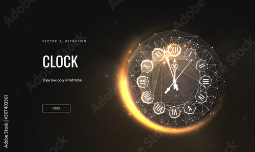 Clock low poly landing page template. New Year holiday symbol web banner. 3d watch dial polygonal illustration. Timepiece, glowing horologe with Roman numerals mesh art homepage design layout