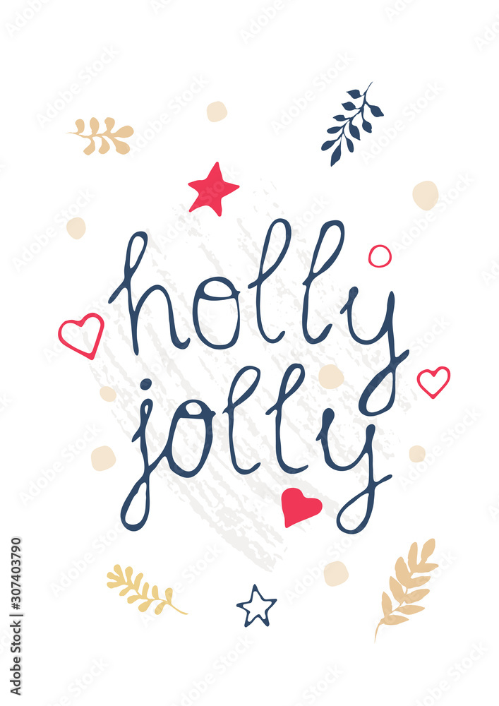 Vector illustration with New Year and Christmas cards with handwritten text holly jolly. Cute postcards in Scandinavian style with plants and stars in gold, blue and red. Invitation cards for kids and