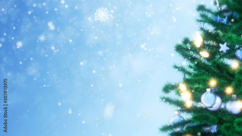 New Year tree with sparkling light garland, balls and stars. Falling snowflakes New Year tree with sparkling light garland, balls and stars. Falling snowflakes