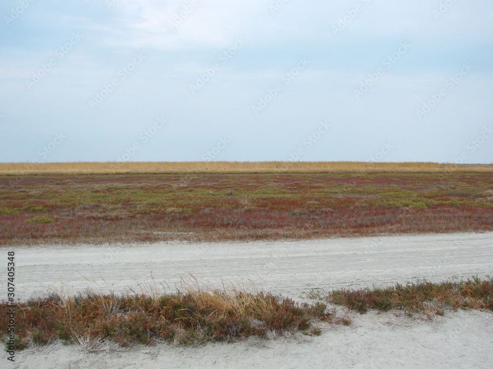 The panorama of endless Azov salt marshes in the middle of summer creates a misleading picture of snow-covered steppes. The panorama of endless Azov salt marshes in the middle of summer creates a misleading picture of snow-covered steppes.