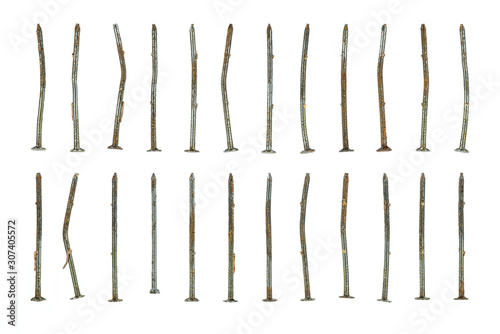 Close up shot of many rusty nails in an order