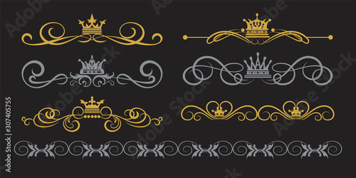 Design elements, gold, silver on black. Golden decorative ornaments for your design. Vector set