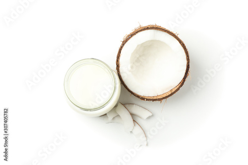 Bottle of milk, coconut and slice coconut isolated on white background. Top view
