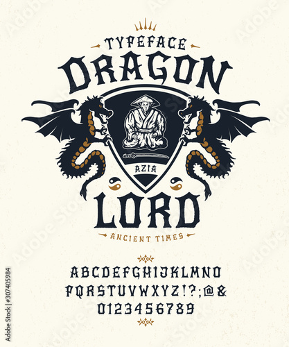 Font Dragon Lord. Pop vintage letters, numbers
