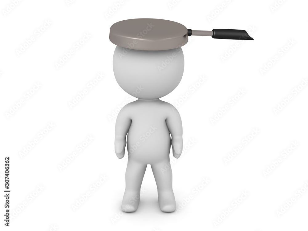 3D Character with frying pan on his head 3D Character with frying pan on his head