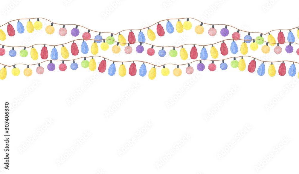Fototapeta premium A repeat pattern of watercolor hand drawn light bulb garlands horizontal border on the white background, traditional Christmas decoration