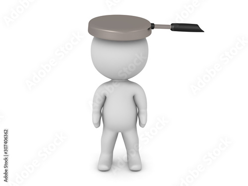 3D Character with frying pan on his head